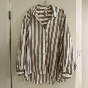 Aerie Taupe and White Striped Blouse